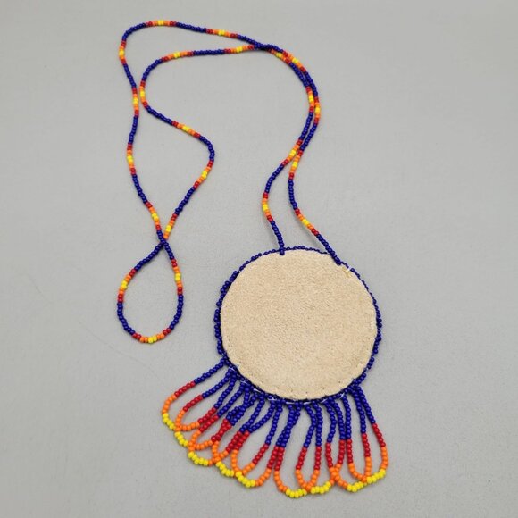 Handcrafted Beaded Necklace Round Sunburst Leather Pendant Fringe 29 Inch - Picture 4 of 5
